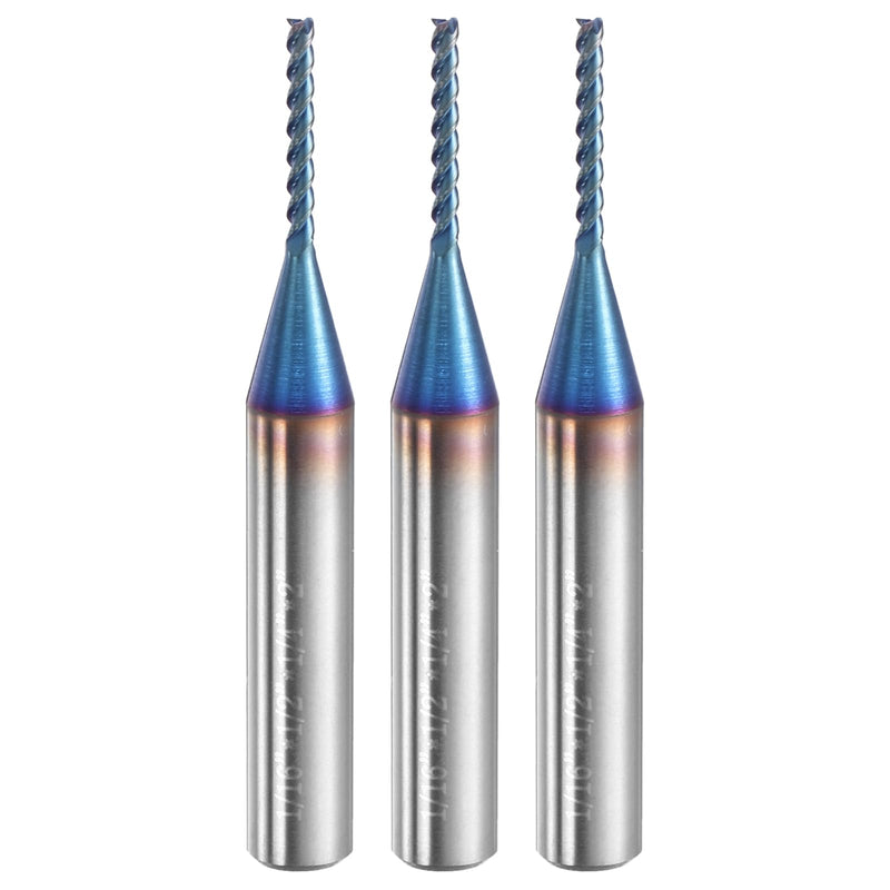 HARFINGTON 3pcs Spiral Router Bit 1/16" Cut Dia 1/4" Shank Up Cut Blue Nano Coated Solid Carbide 3 Flutes CNC End Mill Milling Bits for Wood Plastic Soft Metal (1/2" Cut Length 2" Long) 1/16" x 1/2" x 1/4" x 2"