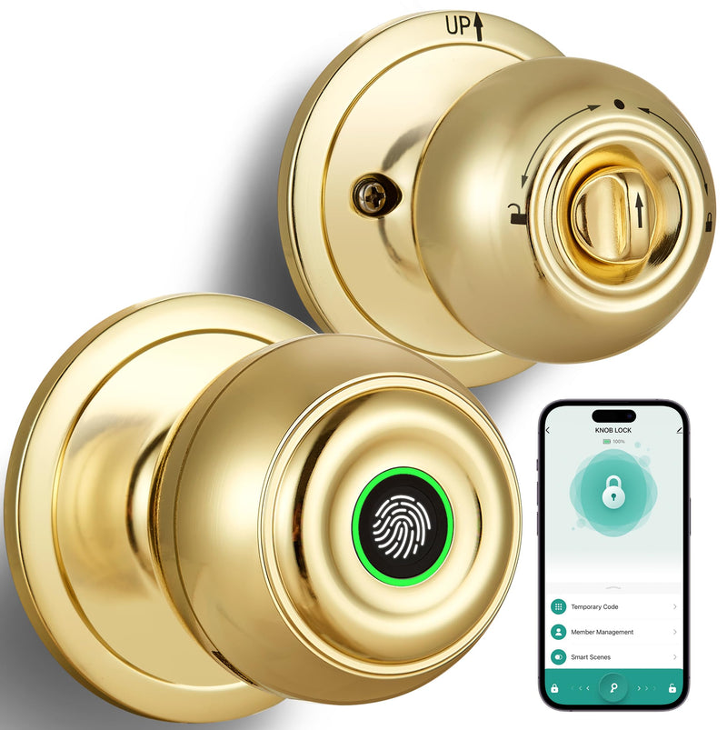 Fingerprint Door Lock, Smart Fingerprint Door Knob with Lock, Biometric Door Lock with App Control & Key, Keyless Thumbprint Entry Door Lock for Bedroom, Front Door, Home, Apartment Office-Satin Brass