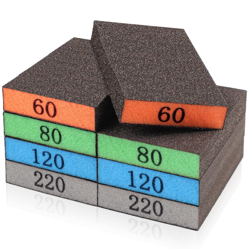 8 Pack Sanding Sponge, Washable and Reusable Sanding Blocks for Drywall Wood Metal Furniture, 60/80/120/220 Grit Sandpaper Block Assortment