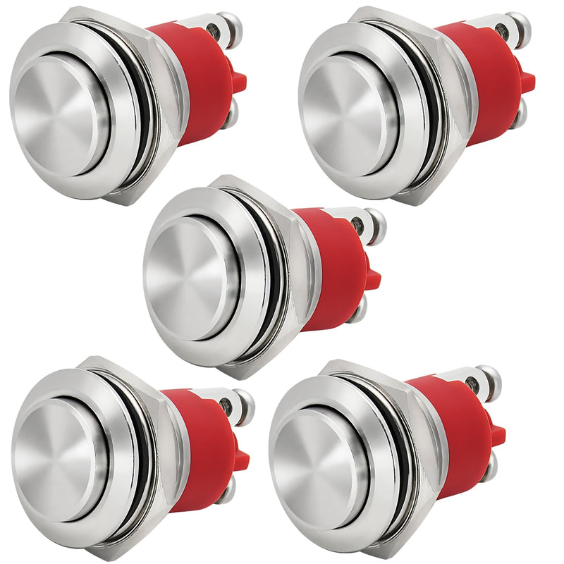 5Pcs IP68 Waterproof, 19mm Momentary Push Button Switch, 5 Amp 316 Stainless Steel, High Top 5V- 250V AC/DC 1NO SPST for Car, Ships or Sea Silver High Round IP68 Waterproof 5Pcs