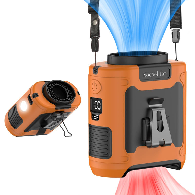 Socool 10000mAh Portable Waist Fan Clip on Wearable Belt Personal Fan Rechargeable Battery Operated with 5 Speeds & Flashlight Neck Hands-Free 40H Cooling for Outdoor Travel Power Bank (Orange) Orange