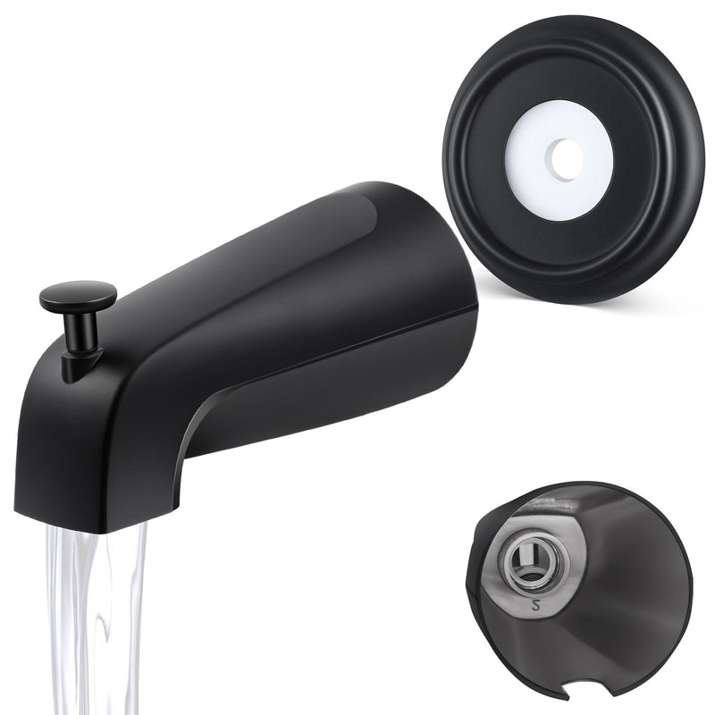 Enhon Universal Bathroom Tub Spout with Metal Tub Spout Cover Ring, 5 1/4 Inches Reach Wall Front Mount Tub Spout with Shower Diverter 1/2'' IPS Inside Thread Bathtub Faucet Spout (Matte Black) Matte Black