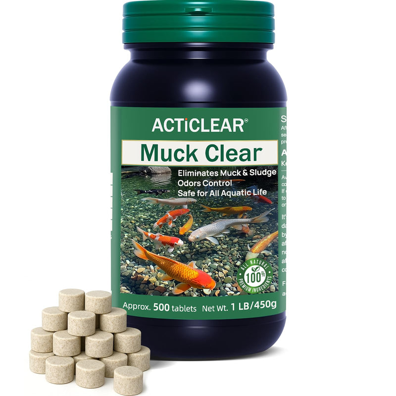 Muck Clear – Natural Pond Sludge Treatment, 500 Tablets for Ponds, Fountains & Bird Baths, Beneficial Bacteria & Enzymes, Chemical-Free & Safe for Fish, Pets & Wildlife 1LB