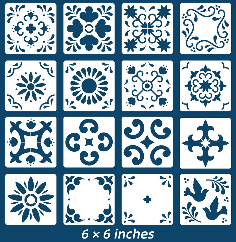 16 Pack Tile Stencil Set (6X6 Inch), Mexican Stencil Pattern, Use As Floor Stencils Or Wall Stencils, Reusable Stencils for Painting Floor Furniture Canvas, DIY Mexican Talavera Home Décor 6 X 6 Inch