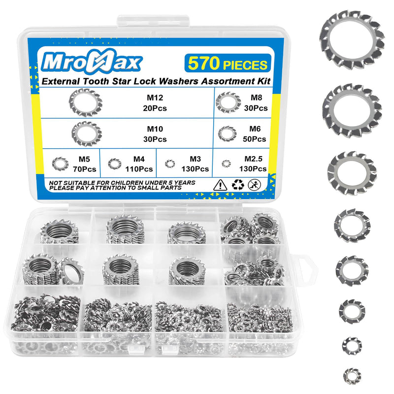 570Pcs External Tooth Lock Washers Multi-Tooth Star Locking Washers Assortment Kit 304 Stainless Steel Washer Sets M2.5 M3 M4 M5 M6 M8 M10 M12 Frequently Used in High-Vibration Environments External Tooth Washers-Silver