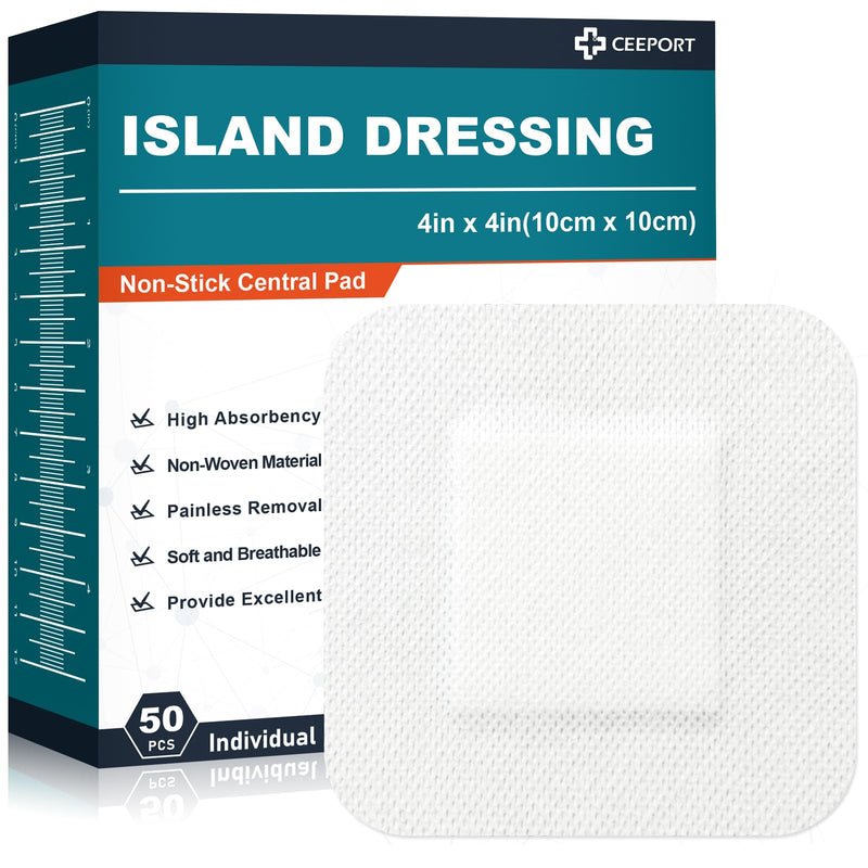 Island Dressing 4"x4", 50 Individually Packed Bordered Gauze Pads, 2"x2" Non-Stick Pad in Center with Adhesive Border, Highly Absorbent Non-Woven Medical Grade Bandages for Wounds, First Aid