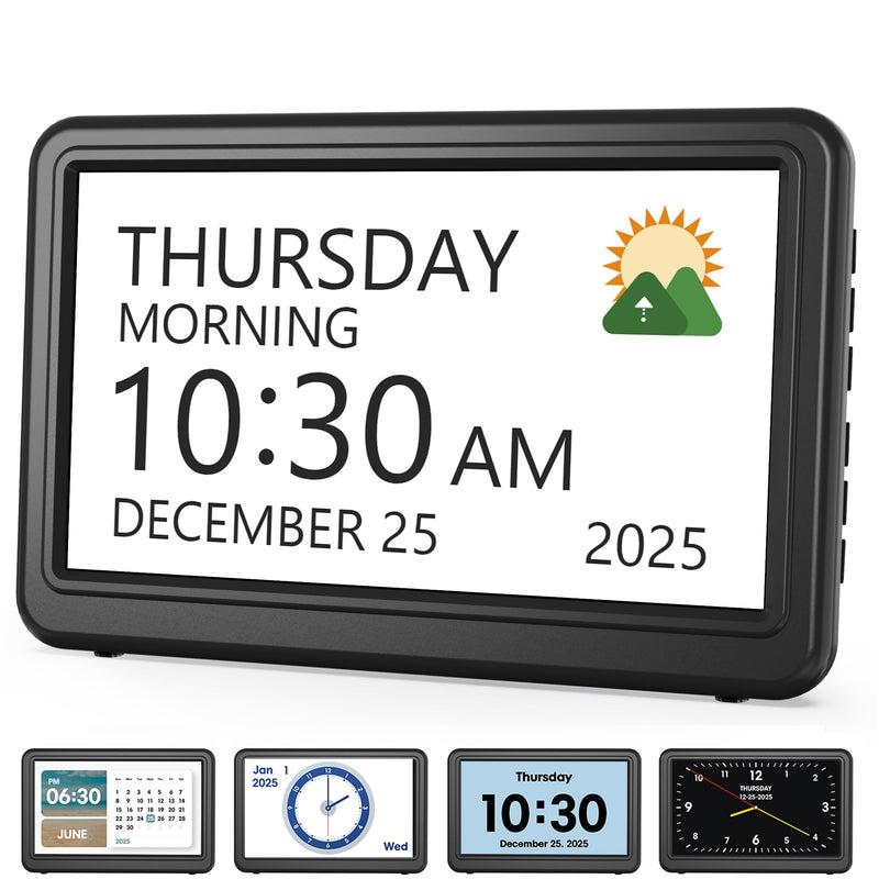 Clock with Day and Date for Elderly, 7" Large Display Digital Calendar Day Clock with 20 Custom Alarms and Medicine Reminders, Dimmable Dementia Alzheimers Clocks for Seniors, Black (Ac Powered) AC Powered