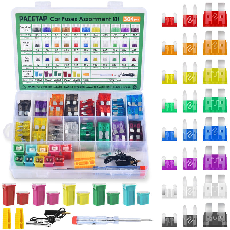 304Pcs Car Fuses Assortment Kit Include Standard & Small & Mini Size Car Blade Fuses, Automotive Low and Tall/STD Profile Box Shaped Assorted Fuse with Fuses Puller for Trucks, Cars and SUV, Boat