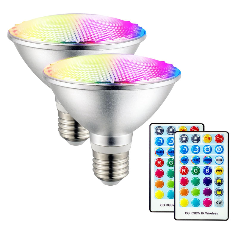 2 Pack,PAR30S RGBWCT LED Bulbs,RGB+Warm+Cool White(2700K-6500K)+Timing, LED Flood Light,Indoor/Outdoor,IR Remote Control, Waterproof Lawn Lamp for Home Courtyard Christmas Party Decoration