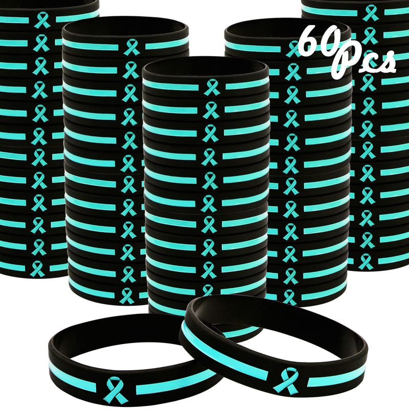 Temogole 60 Pcs Ovarian Cancer Awareness Bracelets Bulk Items Accessories Teal Awareness Ribbon Silicone Wristbands Cervical Cancer Awareness PTSD Products Unisex Wristbands for Men Women Teal
