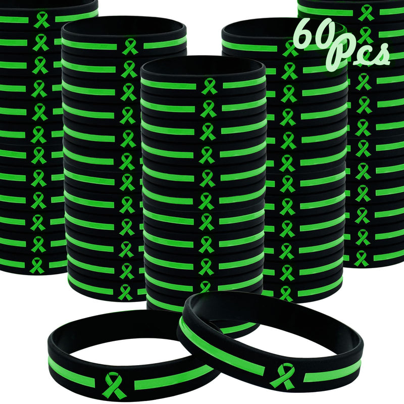 Temogole 60 Pcs Mental Health Awareness Bracelets Bulk Items Accessories Green Awareness Ribbon Silicone Wristbands Hodgkins Lymphoma Awareness Products Unisex Wristbands for Men Women Green