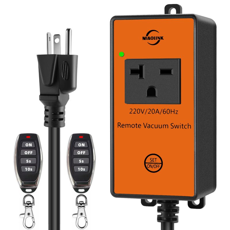220v Automatic Remote Vacuum Switch， Wireless Remote for Dust Collector and Table Saw Tools Starter Outlet Switch, 5S 10S Delay OFF(Battery Included) 220V