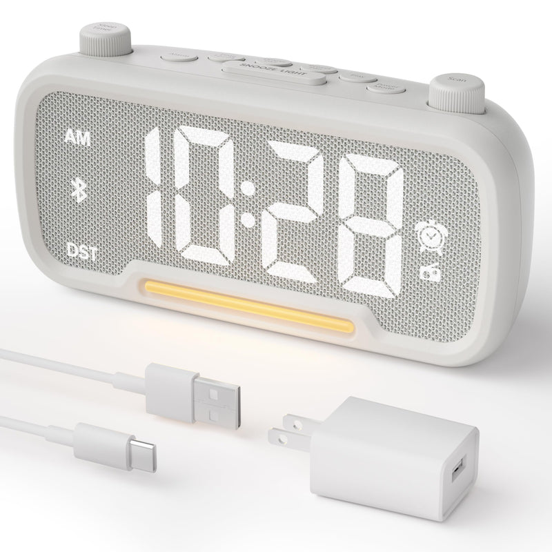Alarm Clock Radio for Bedrooms, Hi-Fi Sound, Clock Radio with Bluetooth Speaker, Adjustable Dimmer, Auto-off Timer, Night Light, Dual Charging Ports, Ideal for Bedrooms, Dorms & Home Offices(White) White