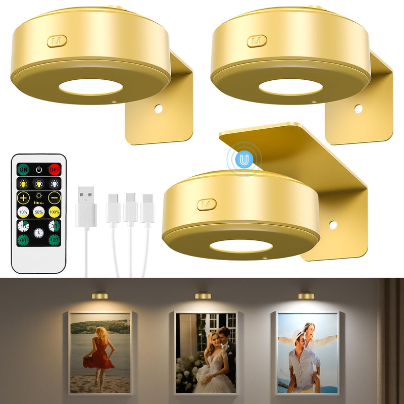 3PCS Picture Lights with Remote, Wireless Rechargeable Battery Wall Light for Paintings, 3 Colors Paintings Light Dimmable and Timer Metal Art Light for Display, Wall, Artwork, Gallery (Gold) Gold