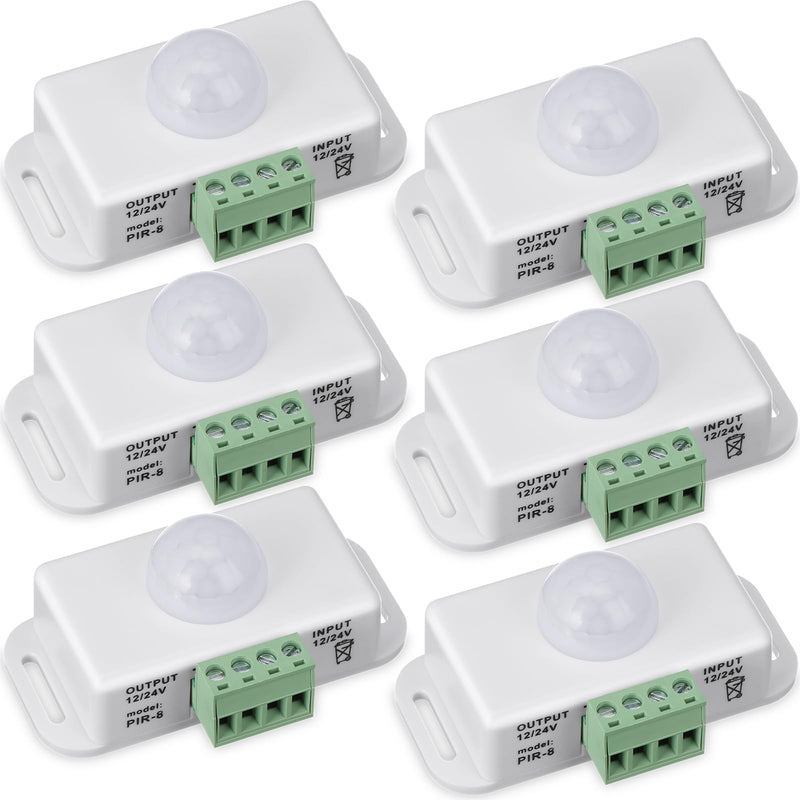 6 Pack 12V 24V PIR Sensor LED Motion Sensor Motion Detector Light Switch Body Infrared Sensing Timer Function Sign Control PIR Controllerfor Flexible LED Strip Lights(White) White