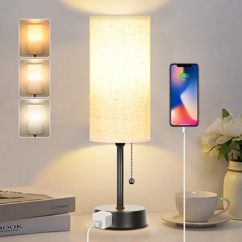 Dott Arts 15" Table Lamp for Bedroom, 3-Color Bedside Lamps with Pull Chain, Bedroom Table Lamps for Nightstand,AC Outlet Small Lamp for Living Room, Bulb Included 15 in Black