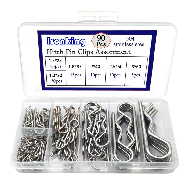 90 Pcs 6 Sizes Stainless Steel Hitch Pin Clip R Clips Retaining Pins Tractor Cotter Pin Hair Pin Assortment Spring Clip Retainer Pins Kit for Hitch Pin Lock System, Trucks, Engine Repair