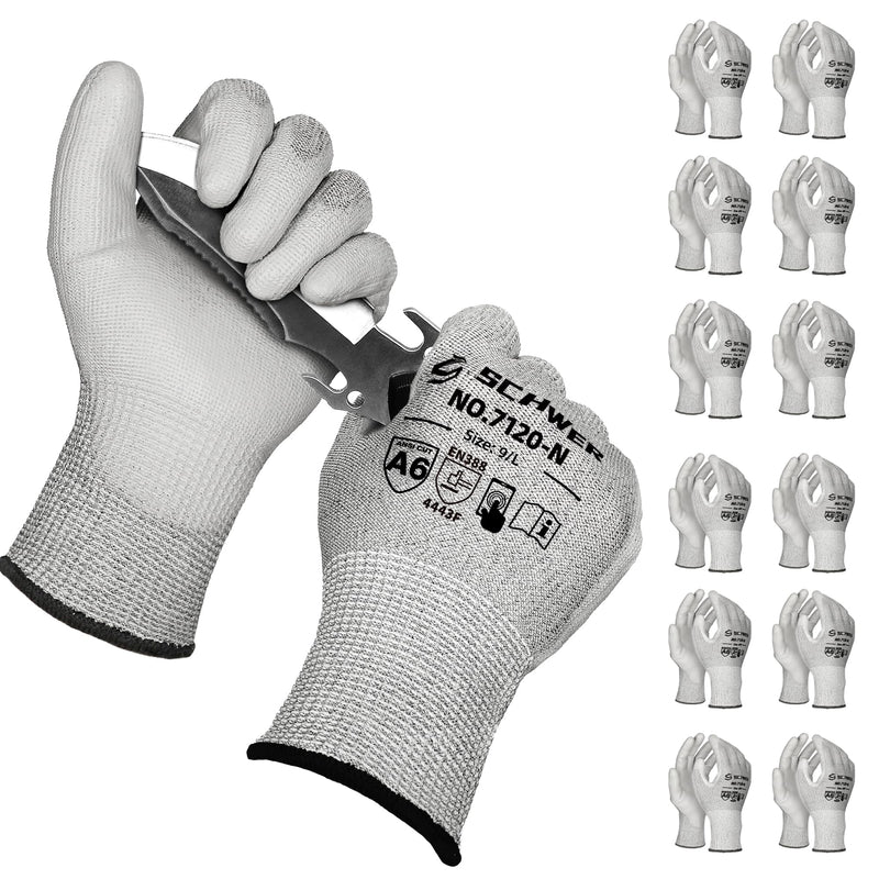 Schwer 12 Pairs Cut Resistant Gloves ANSI A6/A7 (Send Randomly) CR7120 Cut Proof Work Gloves, Touchscreen, for Men and Women Used for Woodworking, Glass Cutting, Construction, Cargo Handling, L Large 12 Pairs-super Saver Set