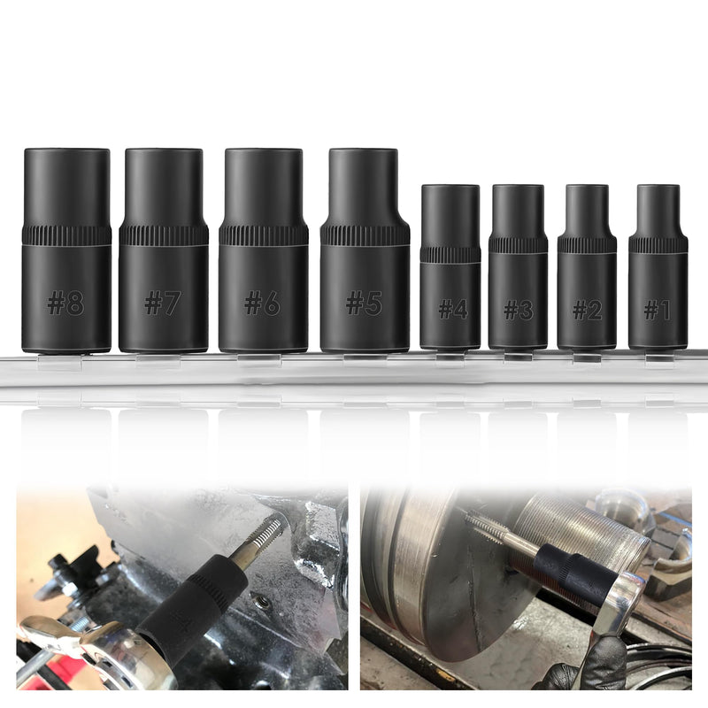 Feekoon 8 Pack Tap Socket Set, 1/4" and 3/8" Drive Tap Socket Adapter Fits all MCTI Standard and Fractional Threads up to 1/2", 1/8" NPT Threads and Metric Threads up to 12mm, with Iron Holder