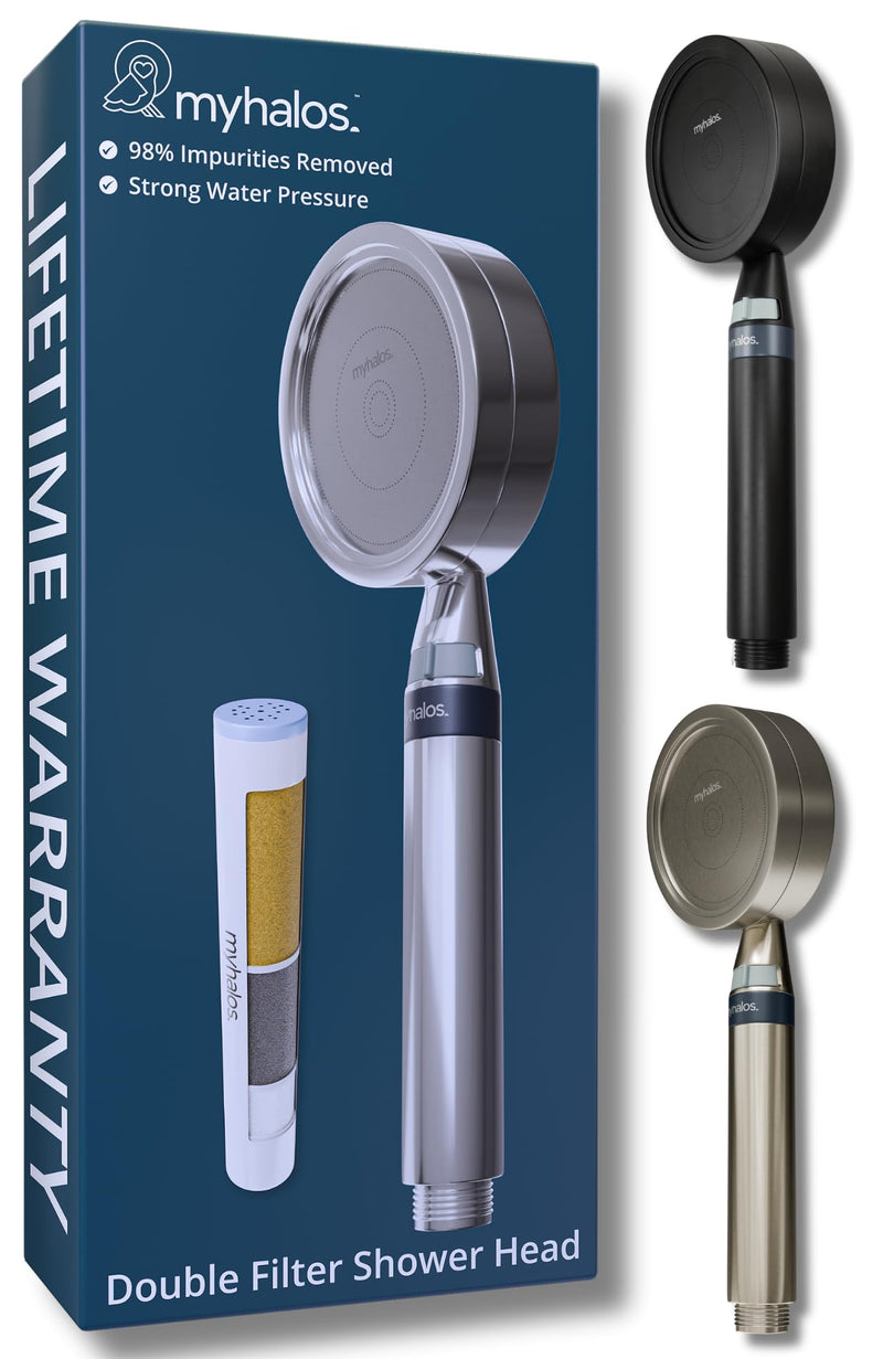 MyHalos® Handheld Filtered Shower Head with Handheld Handle - High Pressure Shower Heads With Filter To Reduce Chlorine & Soften Water - Easy to Install Detachable Filtered Shower Head For Hard Water Chrome
