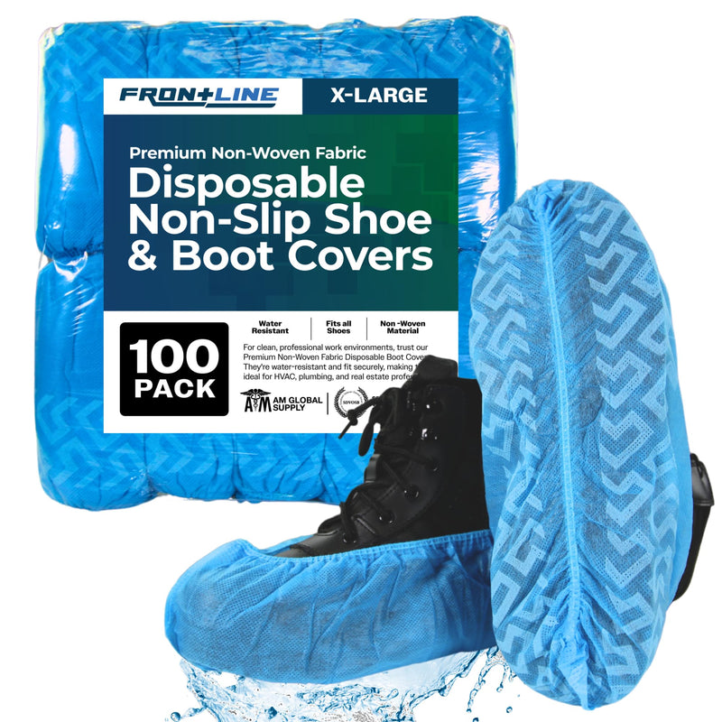 Frontline Disposable Shoe Covers Non-Slip – Premium Non-Woven, Durable, Booties Shoe Protectors – Water Resistant Thick Anti-Slip - One Size Fits Most, Indoor Use (100 Pack) 100 Pack