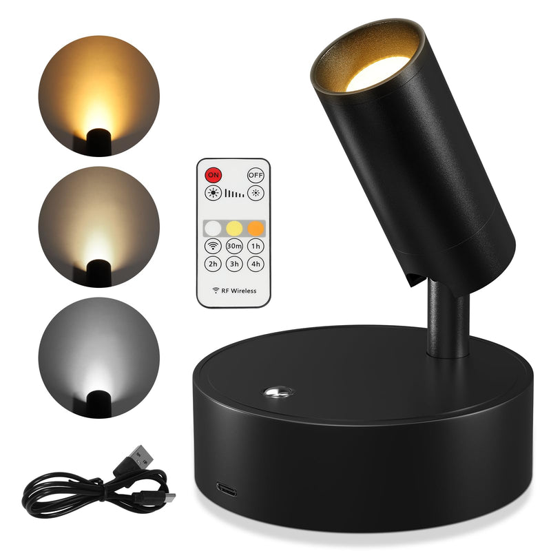 Wireless Led Spotlight Indoor, Rechargeable Uplighting Indoor with Remote Dimmable, 360° Rotate, tree spotlight indoor Battery Powered Ceiling Spotlight for Artwork Painting Plant Picture Lights Black