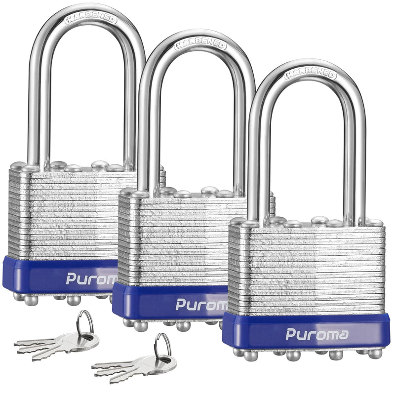 Puroma Lock 3 Pack Padlocks, 1-1/2” Long Shackle Heavy-Duty Locks with 6 Keys, 40mm Hardened Steel Keyed Alike Padlocks for Sheds, Gates, Fences, Toolbox, Outdoor and Indoor Use（Silver）