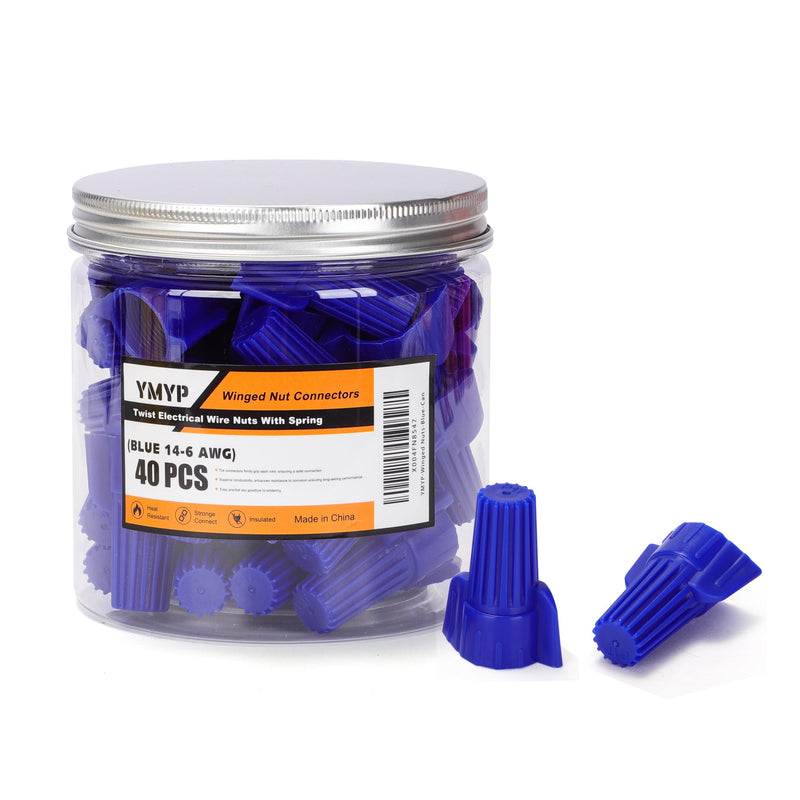 40pcs Winged Wire Nut Connector - AWG 14-6 Blue - Insulated Insert Twist Electrical Wire Terminal with Spring, Portable Wire Caps for Quick Connection WINGED NUT