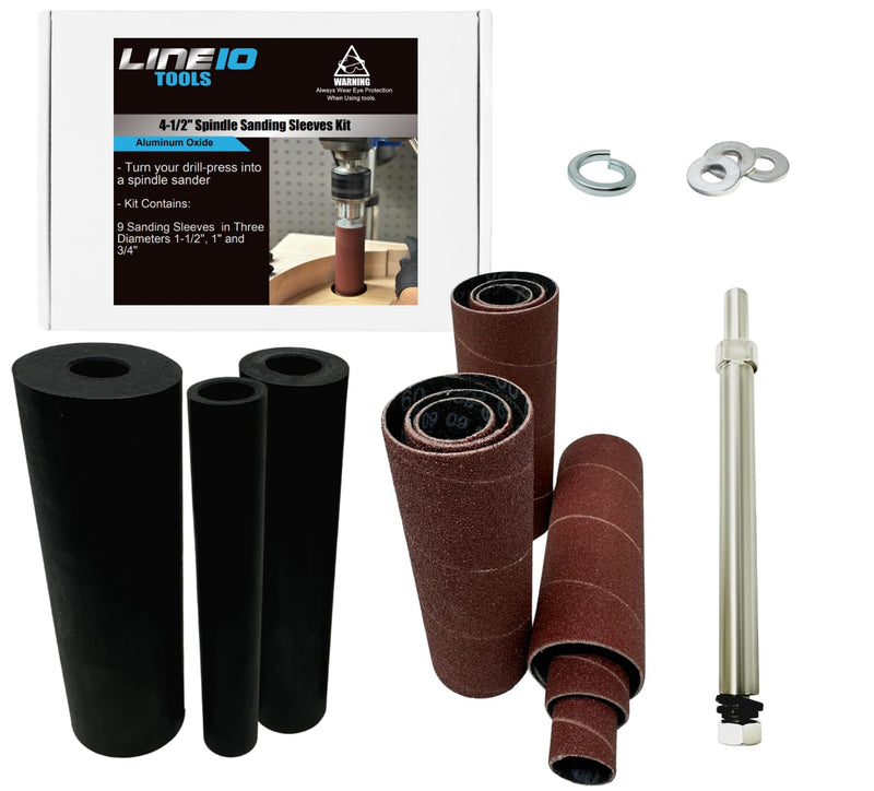 LINE10 Tools 4-1/2 Inch Long Spindle Sander Attachment Kit for Drill Press Sanding Drum and Sleeve Kit, 3/8 Inch Shank, 60, 80 and 120 Grit