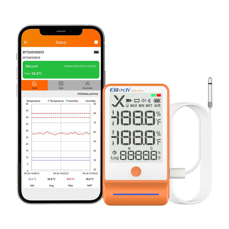 Elitech Bluetooth Hygrometer Thermometer Data Logger Temperature Humidity with Shadow Data 100000 Points Data Storage Export, Pharmacy Vaccine DDL Calibration Certificate, MAX MIN AVR MKT GSP-6Pro GSP-6Pro, T&H Probe 1