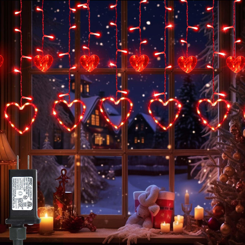 Valentine's Day Red Curtain Lights with 12 Hearts，138 LED Heart-shaped String Lights 8 Lighting Modes，Plug in Waterproof Valentines Day Lights for Indoor Outdoor Party Wedding Valentine's Day Decor