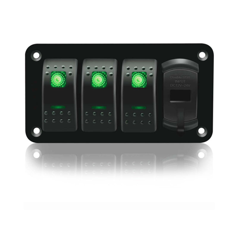 Keenso 12V 24V 3 Gang Rocker Switch Aluminum Panel with Voltmeter Dual USB Fast Charging Multifuntional Switch Panel for Boat Car Truck (Green Light) Green Light