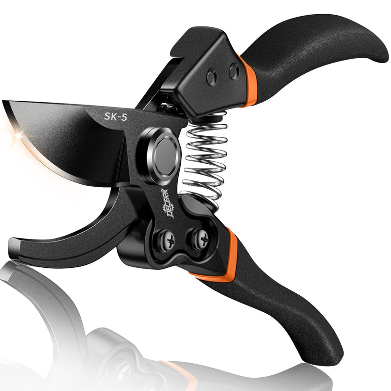 Pruning Shears for Gardening - DECERK 8.5" Professional Bypass Garden Scissors & Clippers for Branch Trimming, Super Sharp SK5 Blade, Ergonomic Handle, Gardening Gift Women Men - 2025 Heavy Duty Tools Black Orange