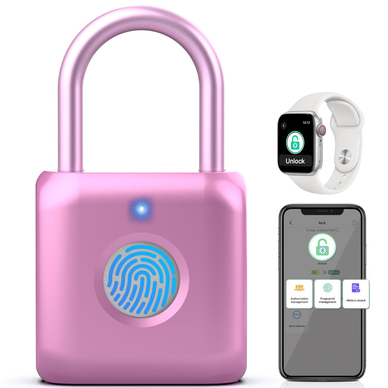 Pothunder Fingerprint Padlock, Smart Padlock, Locker Lock, Combination Lock, Fingerprint Lock with APP Unlock, USB Rechargeable, Suitable for Gym Locker, Door, Locker(Pink) Pink