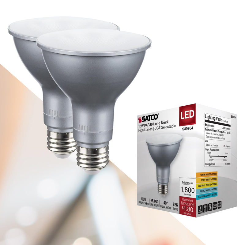 Satco S39764 15 Watt PAR30 Long Neck LED Reflector Light Bulbs High Lumen 27K/30K/35K/40K/50K CCT Selectable E26 Medium Base 120-277 Volt Wet Location Non-Dimmable (2 Pack)