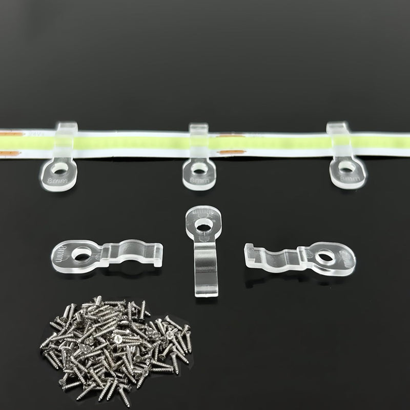 COB Strip Light Mounting Brackets,100 Pack Transparent Light Strip Fixing Clips,100 Screws Included to Fix COB LED Strips and Bare PCB Light Strips
