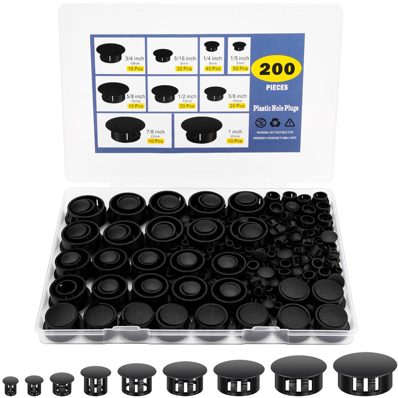 200Pcs Black Nylon Hole Plug Set (9 Sizes: 1", 7/8", 3/4", 5/8", 1/2", 3/8", 5/16", 1/4", 1/5") - Plastic Hole Plugs, Assorted Sizes, Precision Fit End Caps for Cabinets & Furniture, Screw Hole Plugs