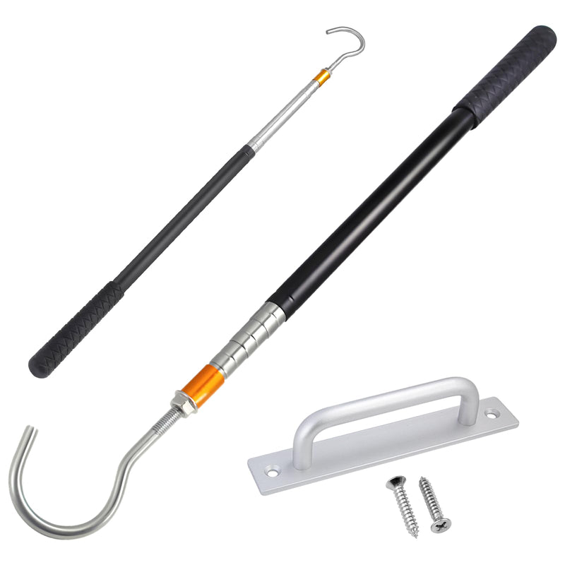 Attic Ladder Pull Down System Kit -60 Inch Telescopic Rod with Elegant Aluminum Alloy Handle and Stainless Steel Hook for Easy Rope Replacement