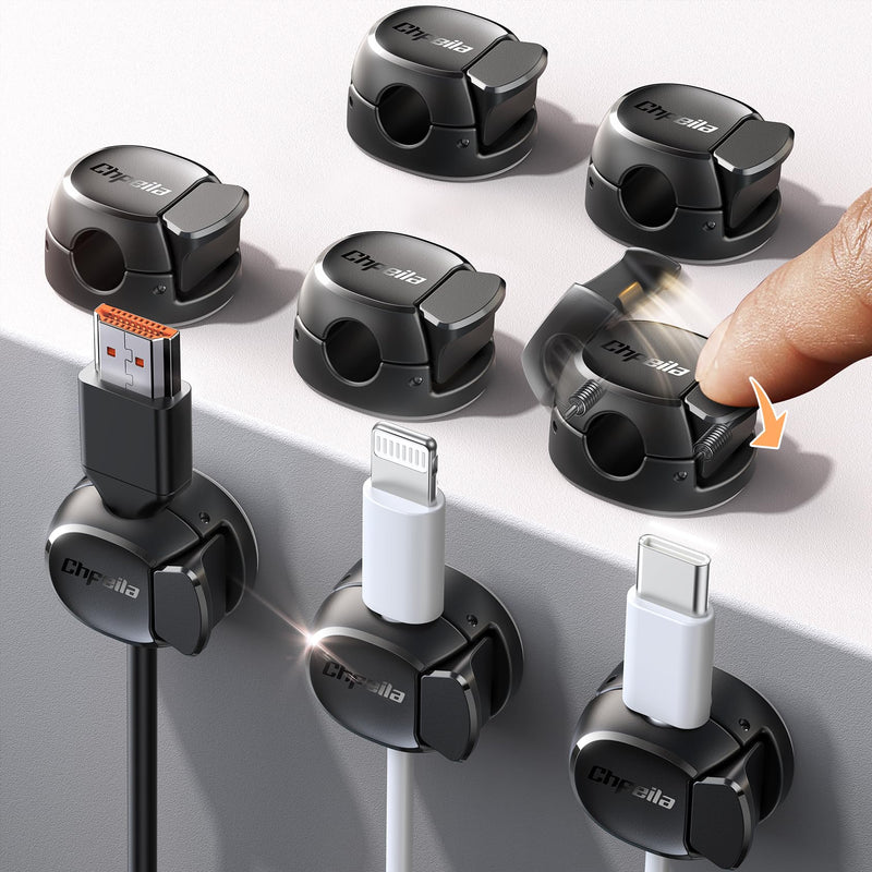8Pack Cord Organizer [Dual Spring & Clasp, Max Secure] Cable Clips - Chfeila Cord Holder, Desk Cable Management, Adhesive Phone Charging Wire Holder for Nightstand/Car/Wall, Office Accessory - Black