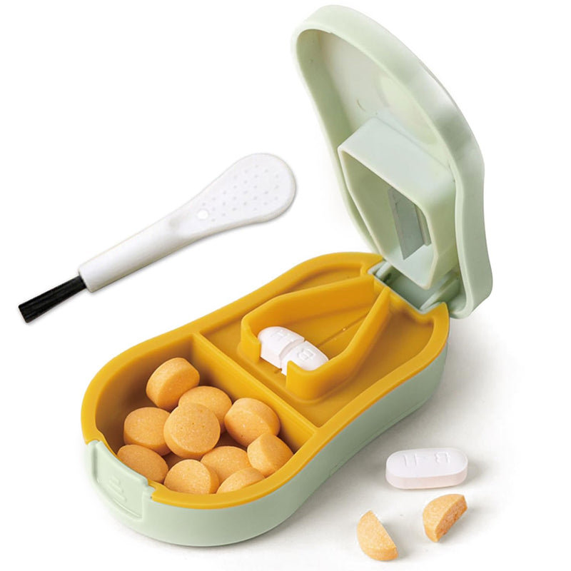 Pill Cutter Splitter for Small and Tiny Pills - Pill Cutter 1/4 - Accurately Cuts Multiple Pills - Easy Open Snap Button. Detachable Nonslip V-Shaped Pad. Wrap-Around Blade Guard. Back Storage (Cyan) Cyan