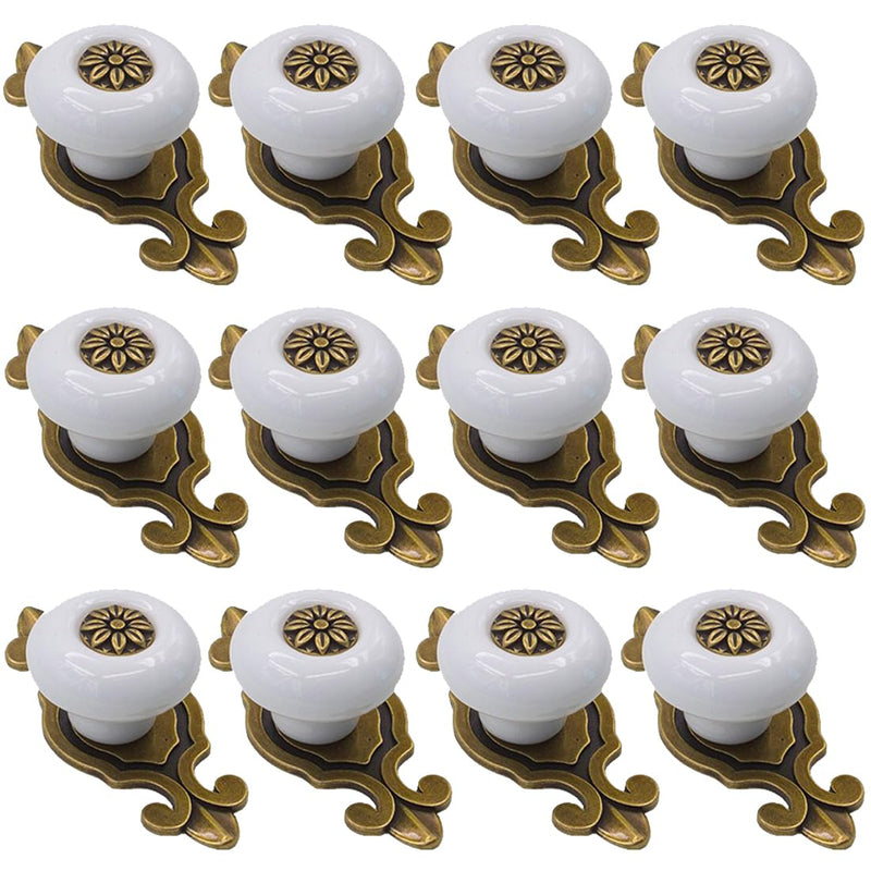 Retro Ceramic Cabinet Knobs, [12 Pack] Antique Vintage Dresser Knobs with Backplate, Drawer Pull Handles for Kitchen/Dresser Drawer/Cupboard/Wardrobe, White White-backplate 12 Pieces