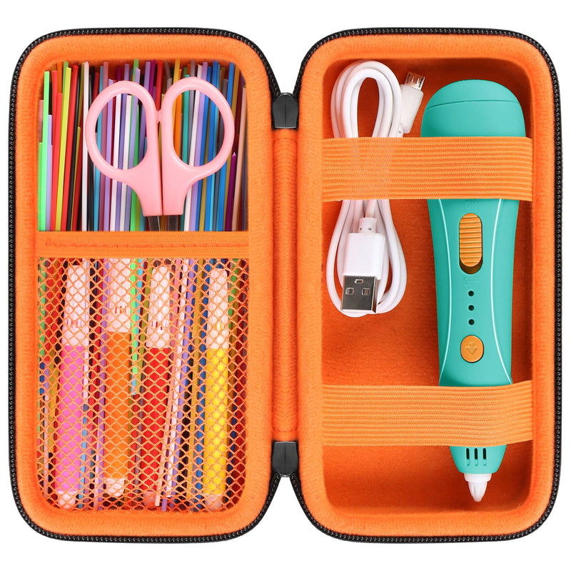 Case for 3Doodler Start+ Essentials for 3D Pen Set for Kids, 3D Pens Storage Organizer Holder, Travel Hard 3Doodler Start Case, Extra Mesh Pocket Fits Plastic Filaments, Cable, Black+Orange