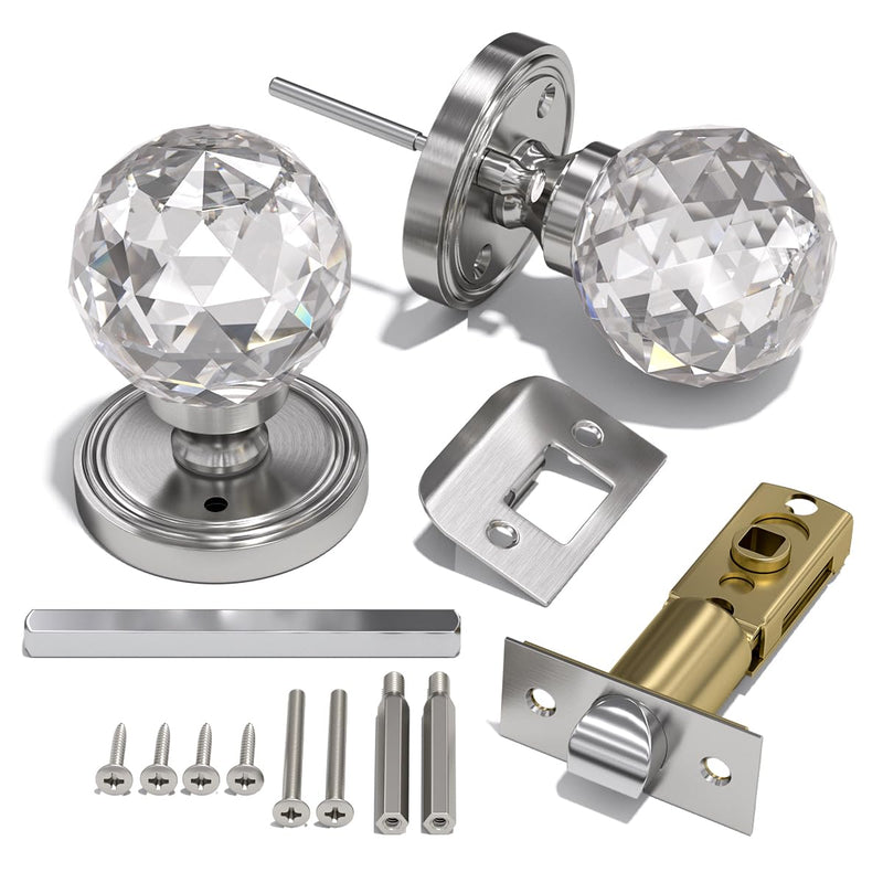 Bwintech Crystal Door Handle with Lock and Keys 1 Set, Brushed Nickel Door Handle, 65mm Palace Style Crystal Internal Door Handle with Latch and Screw Kit for Privacy Bedroom, Hallway, Lavatory
