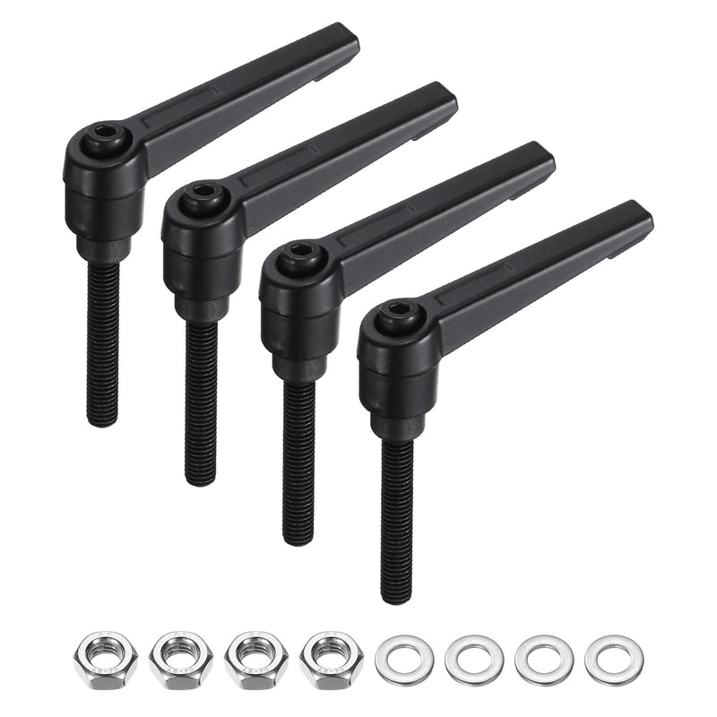 uxcell 4pcs Lever Adjustable Handles M6 x 40mm Metric Male Thread with Nuts Washers, Level Clamping Handle Set Hand Stud Knobs Rotating Screw Handles Bolts with Locking Lever, Black