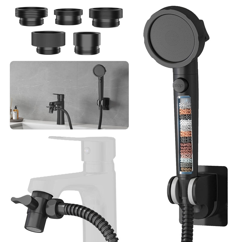 Sink Hose Sprayer Attachment for Faucet, 3 Mode Shower Head Attaches to Tub Faucet with 5 Adapters, High Pressure Shower Head for Bathtub, Handheld Showerhead with Filter (Black) Black