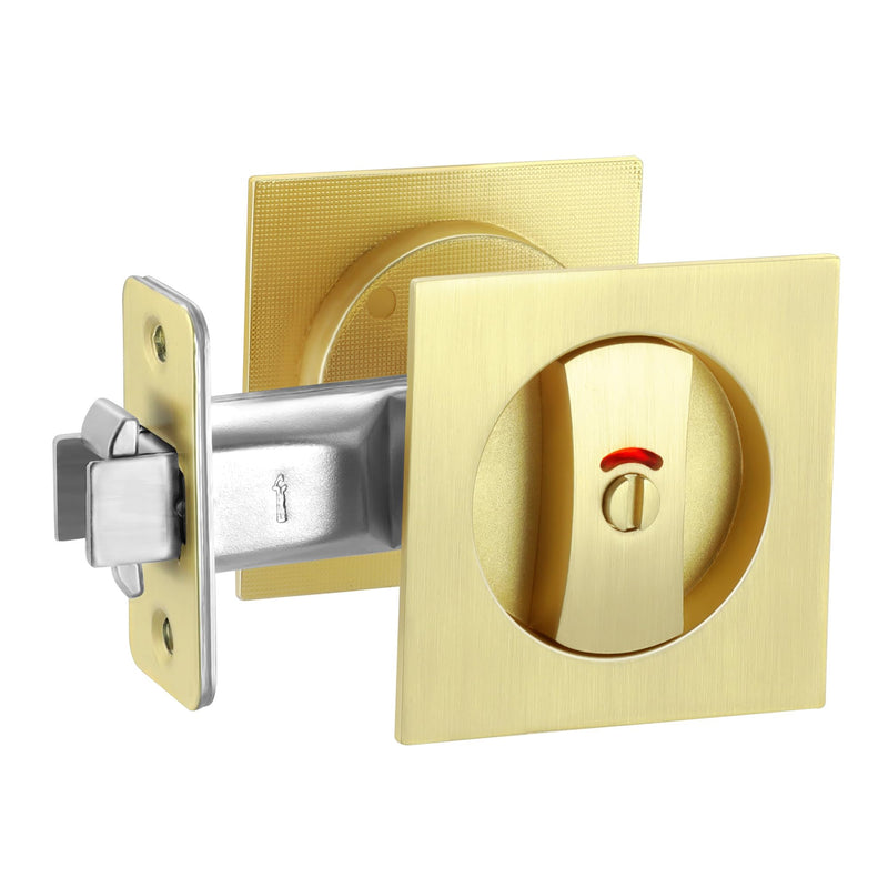 CozyTower Pocket Door Lock, Pocket Door Hardware Square Door Lock for Privacy Sliding Door Bifold Door Locks Pocket Door Pull Handles Replacement Hardware(Brushed Gold, Privacy Lock with Indicator) Brushed Gold