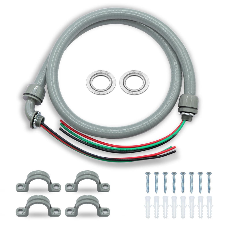 1/2" x 4Ft Power Whip Assembly Kit, Non-Metallic Liquid Tight Flexible Electrical Conduit with 10 Gauge Wire Electrical AC Whip Kit