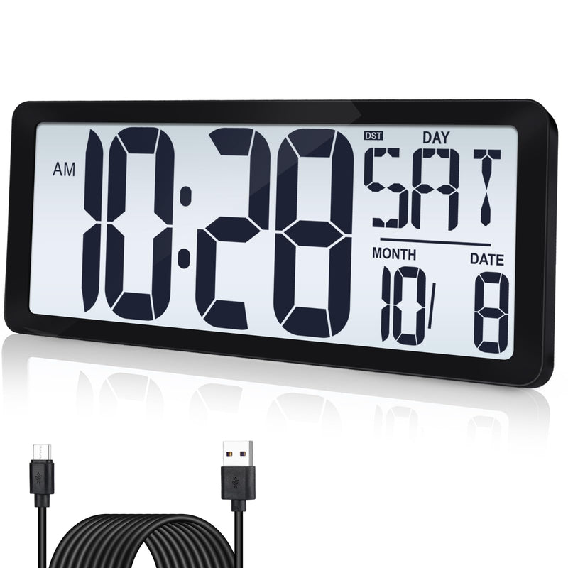 15 Inch Large Rechargeable Digital LCD Wall Clock with Backlight Glow in the Dark,Night Light Wall Clock with Week,Date & Temperature,DST,Alarm Display for Living Room, Bedroom, Gift for Elderly Black