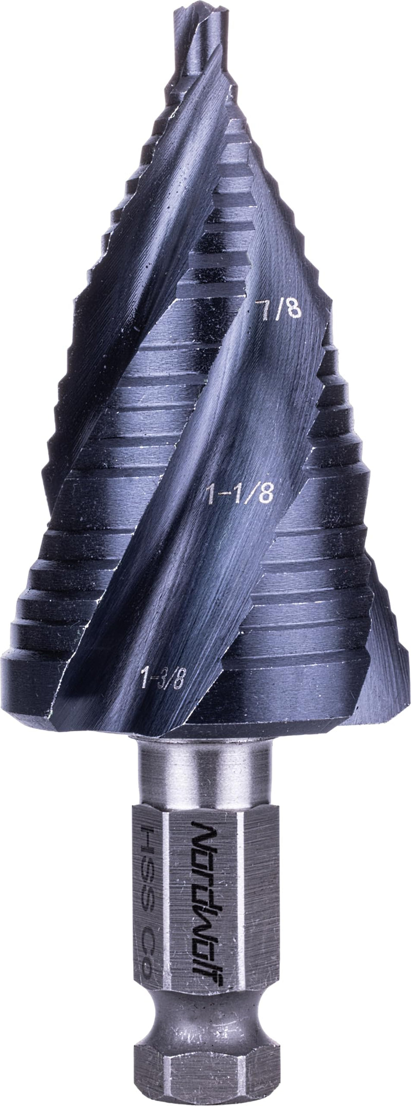 NordWolf HSS Cobalt Step Drill Bit, Four Spiral Flutes Impact Ready with 7/16" Hex Shank Unibit for Stainless Steel, Aluminum, Copper & Hard Metals, 19 SAE Step Sizes 3/16" to 1-3/8"