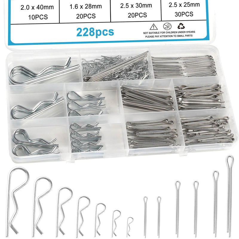 228PCS Cotter Pins Assortment, Hardware Pins, Lock Pin, Split Pins, Retaining Pins R Clips, Stainless Steel Heavy Duty Straight & R Cotter Pins Set for Use On Hitch Pin Lock Systems